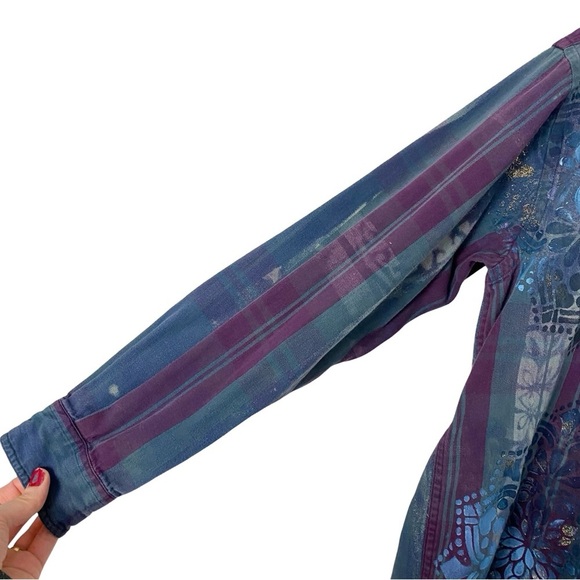 Upcycled Denim Shirt Shacket Womens Size Large Hand Painted Floral Striped Blue - Picture 7 of 14